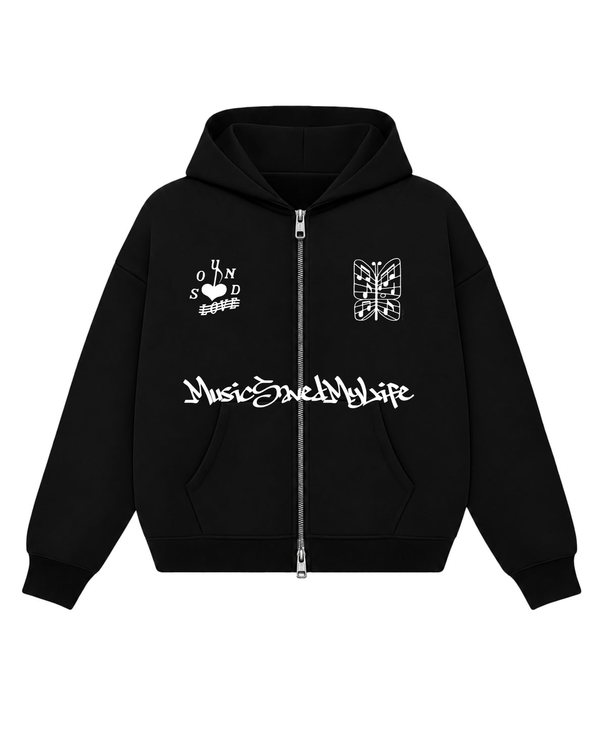 Black Boxy Dual Zipper Hoodie Front Design